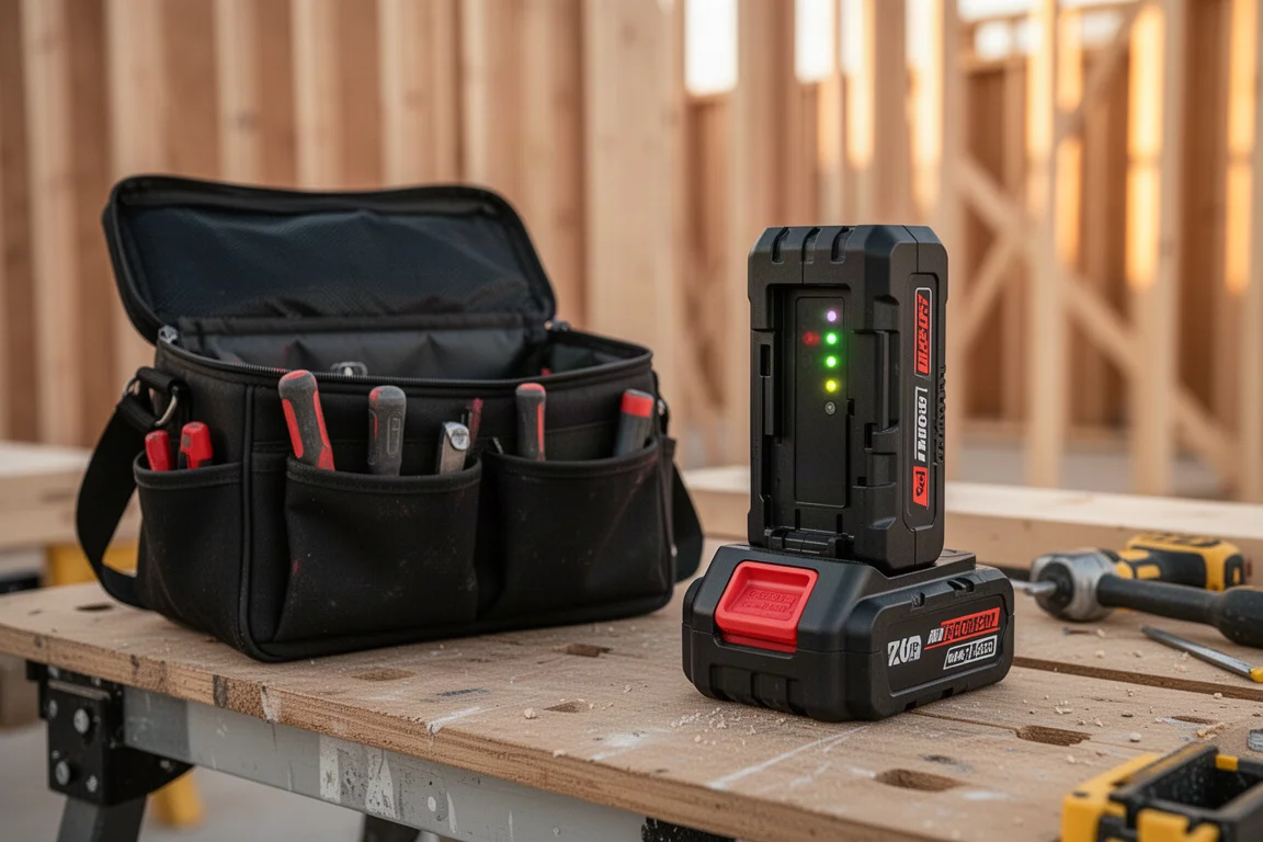 Batterie lithium connectée à un chargeur sur l'établi d'un entrepreneur