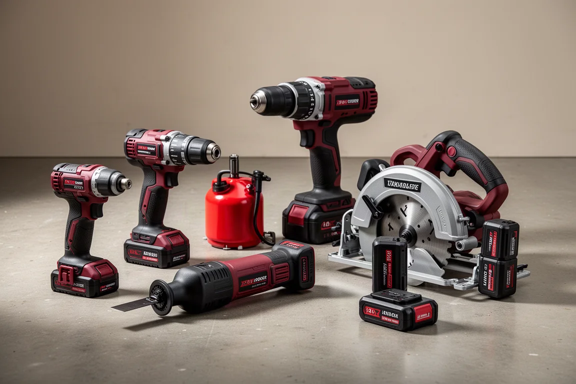 Milwaukee M12- en M18-accugereedschap op een betonnen werkplaatsvloer