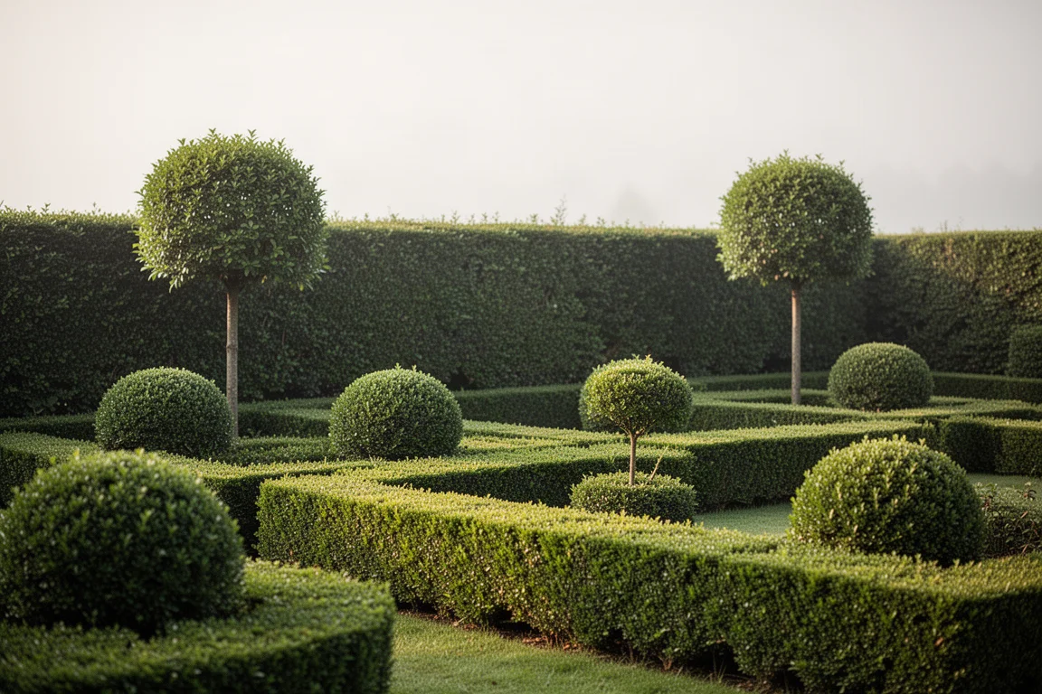 Hege wordt in een strakke vorm gesnoeid in een verzorgde tuin