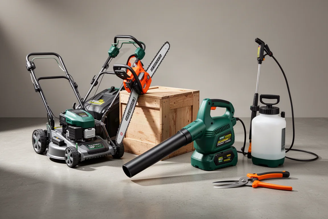 Lineup of cordless Milwaukee outdoor power equipment on a concrete surface