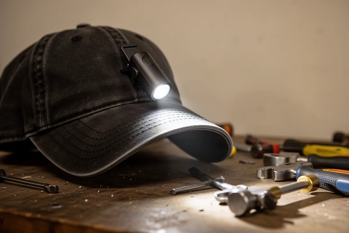 Compact clip light attached to the brim of a work hat in a dark garage