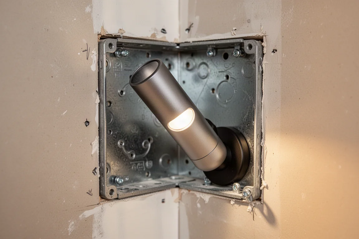 Pivoting task light with magnetic base stuck inside an electrical box