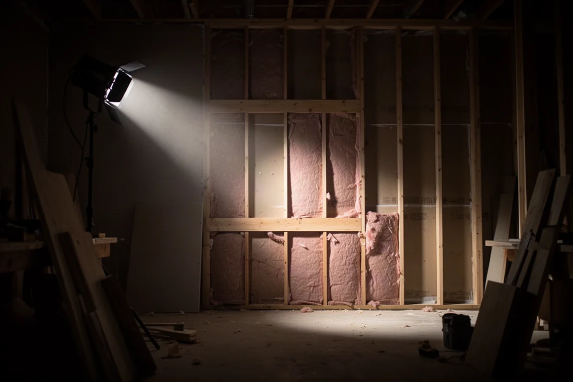Spot beam of the pivoting task light cutting through a dark workshop