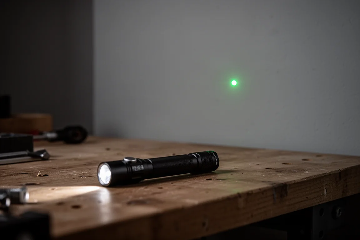 Green laser dot projected on a wall in a dark room