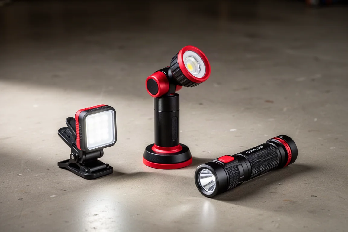 Three Milwaukee rechargeable work lights arranged on a concrete workshop floor