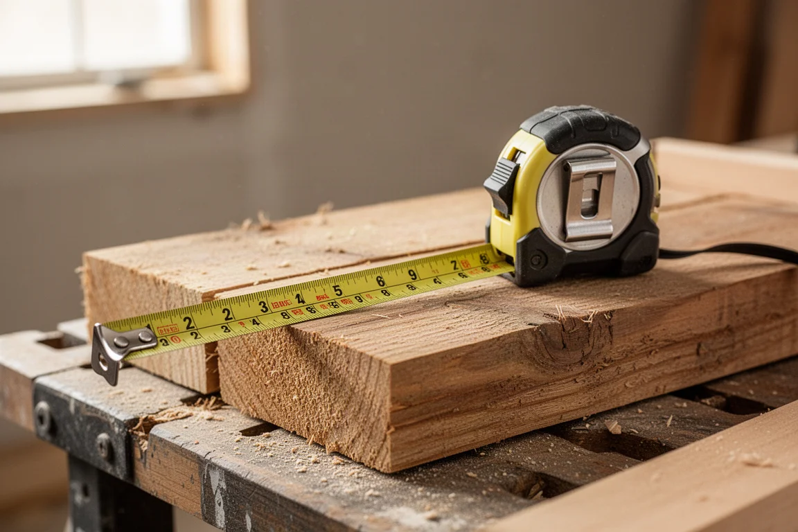 Uitgeschoven meetlint over een houtskelet-opmaak op hout