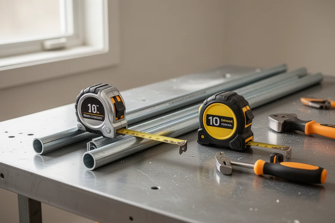 Elektricien controleert een meetlint naast een leidingtraject