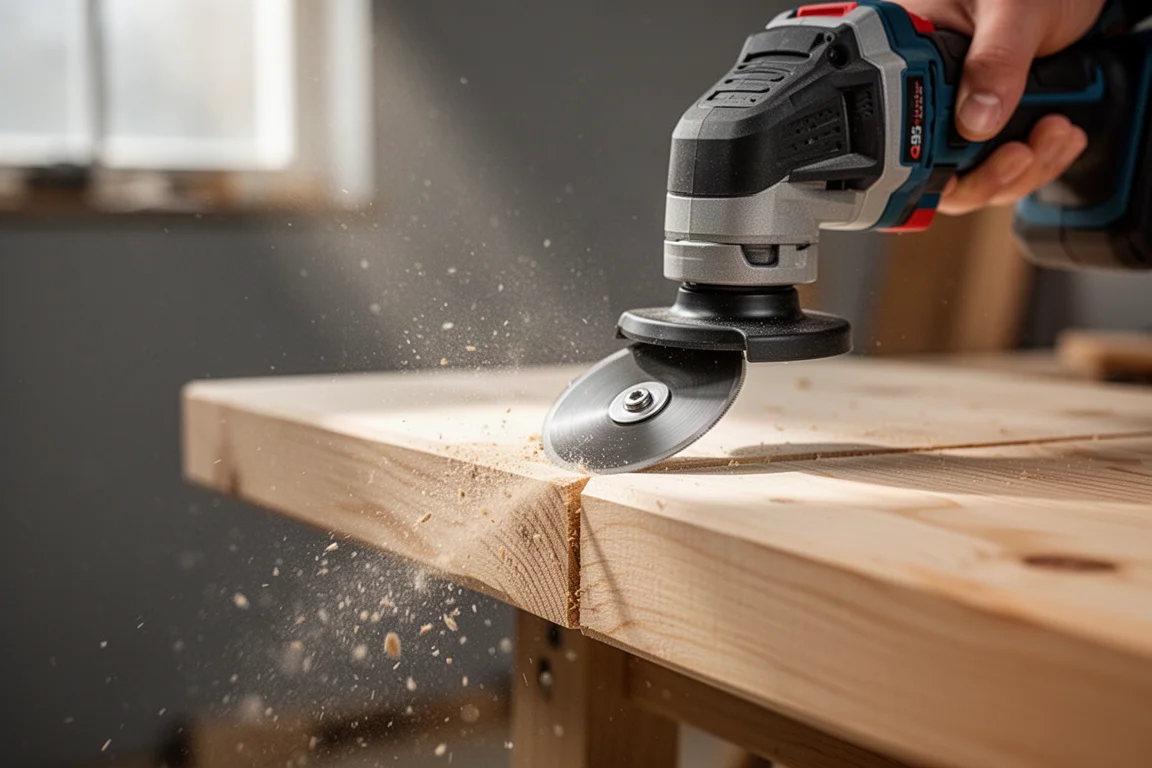 Multiherramienta oscilante cortando una tabla de madera en un taller