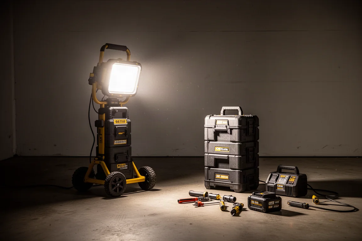 Luz de trabajo portátil estilo Packout iluminando un garaje oscuro de noche