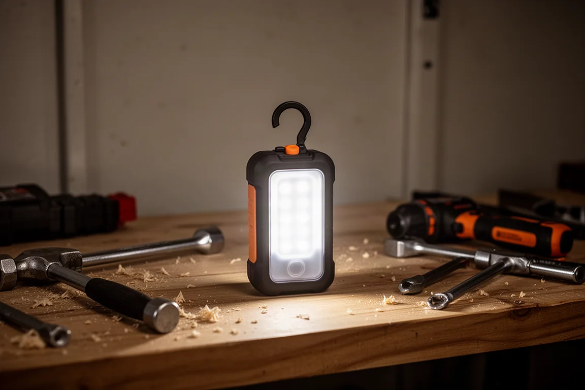 在昏暗工作室的工作檯上柔和發光的緊湊型 LED 燈籠