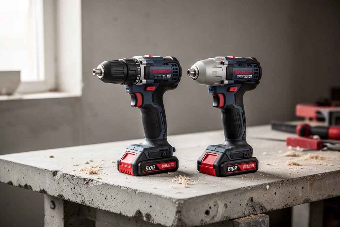 Compact cordless drill and impact driver resting on a concrete workshop bench