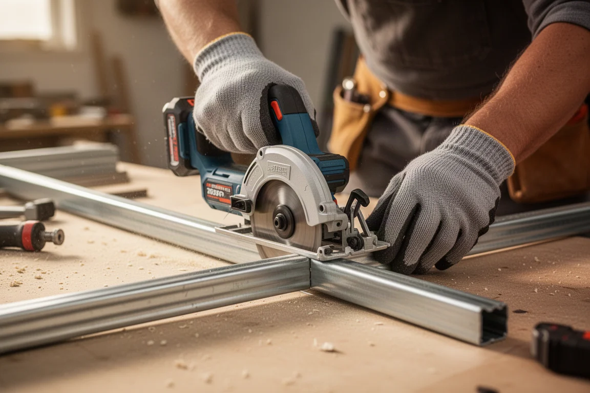 Contractor cutting a metal pipe with a cordless saw on a jobsite