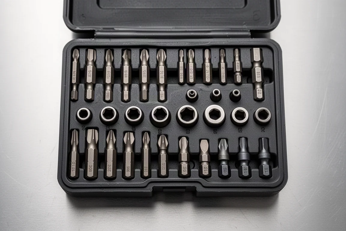 Assorted impact driver bits organized in a case insert