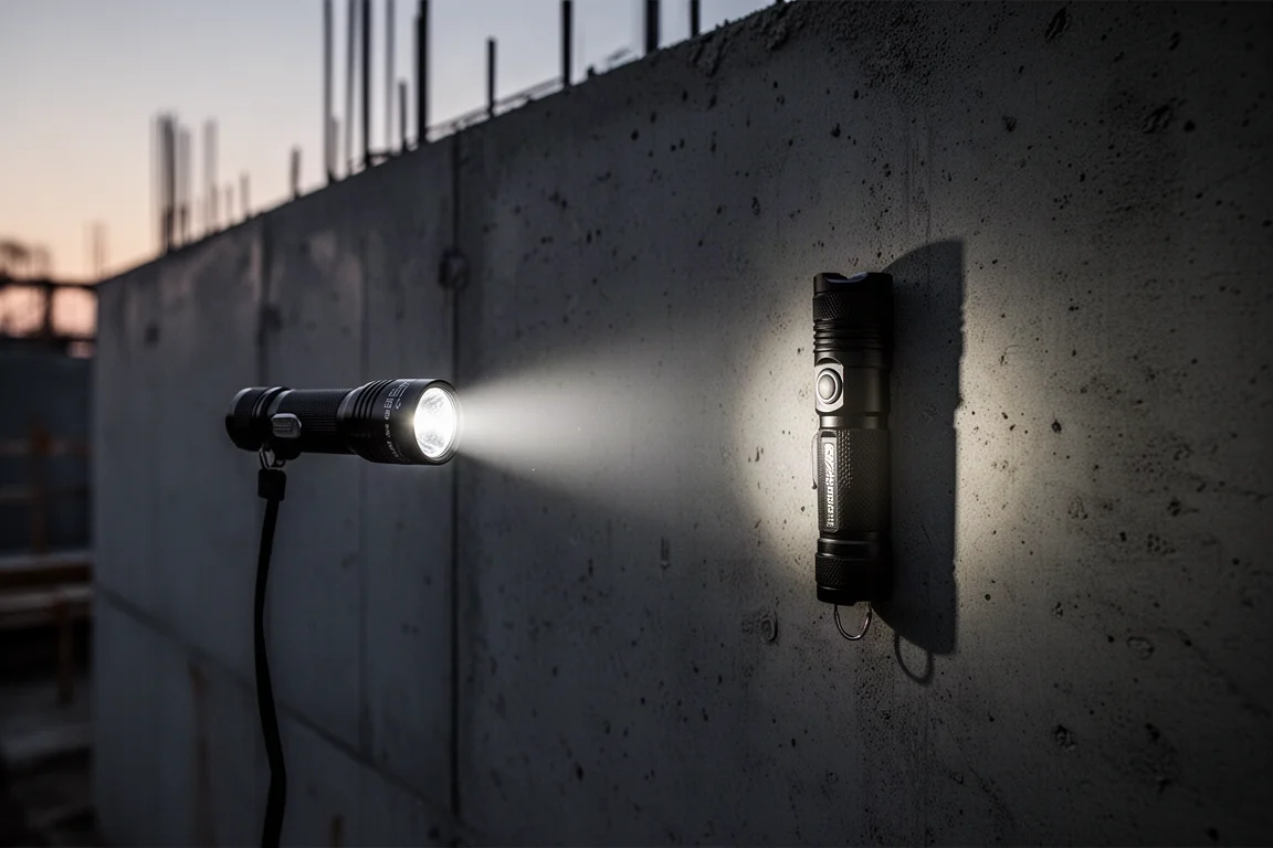 Flashlight casting a focused beam across a dark jobsite wall