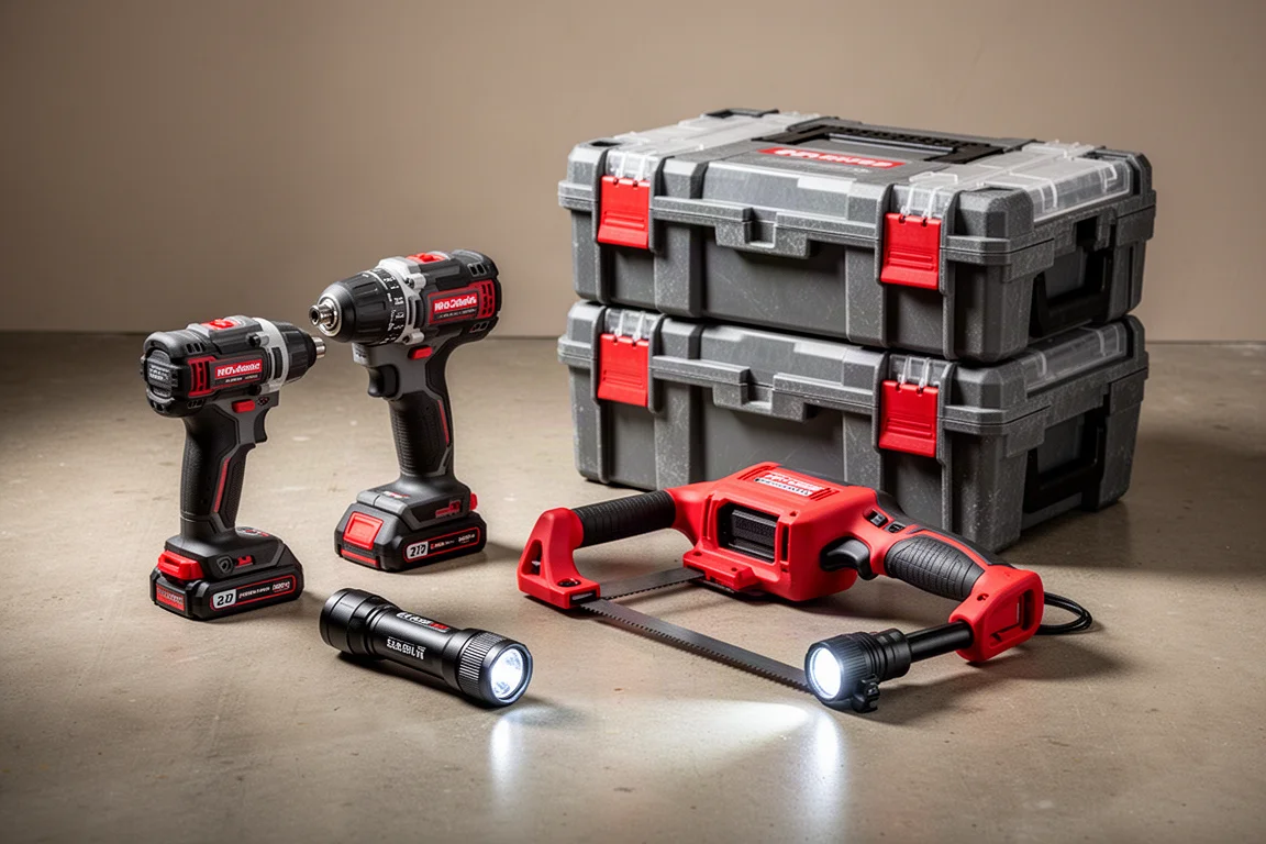 Collection of cordless power tools and tool storage boxes on a concrete floor