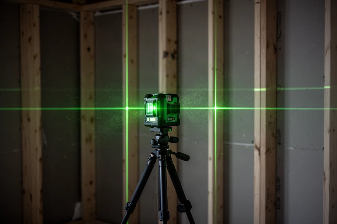 Gröna laserlinjer projicerade över en regelvägg i ett svagt upplyst rum