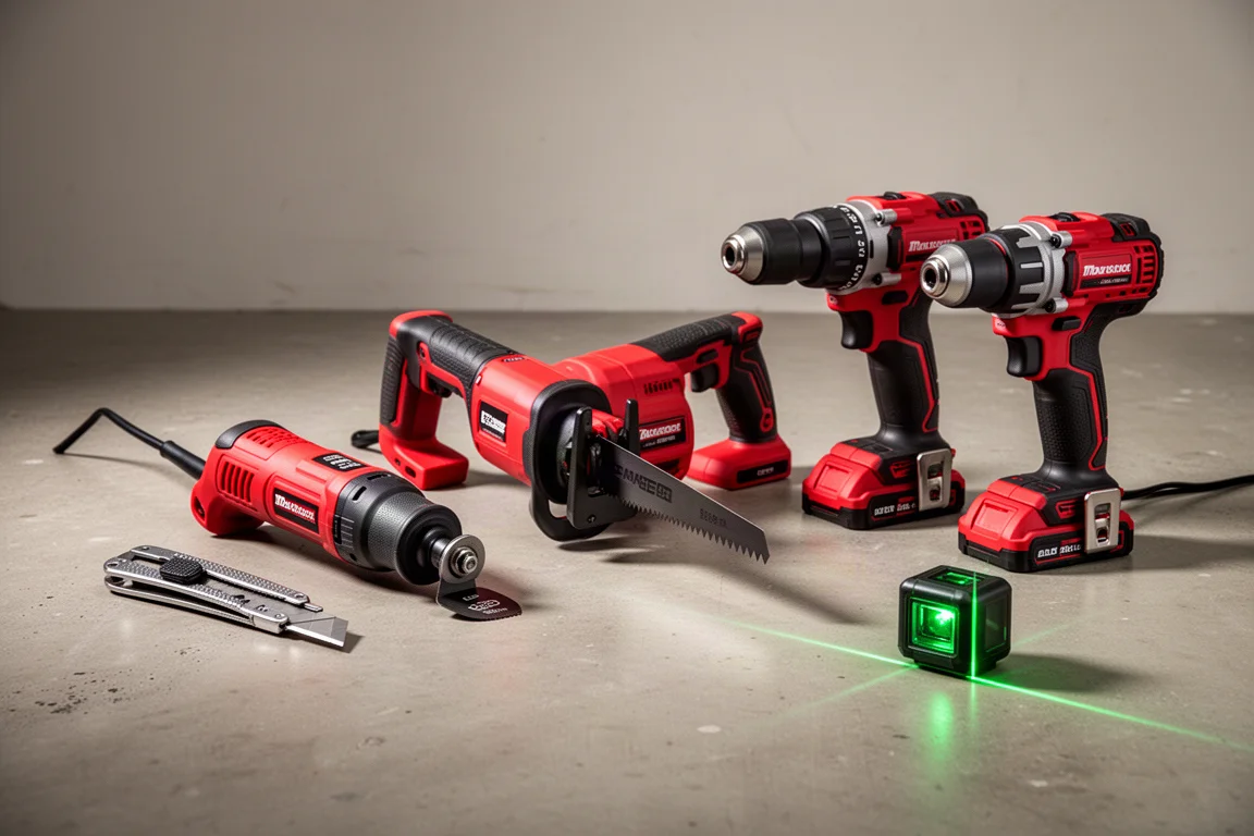 Lineup of five Milwaukee power tools on a concrete workshop floor