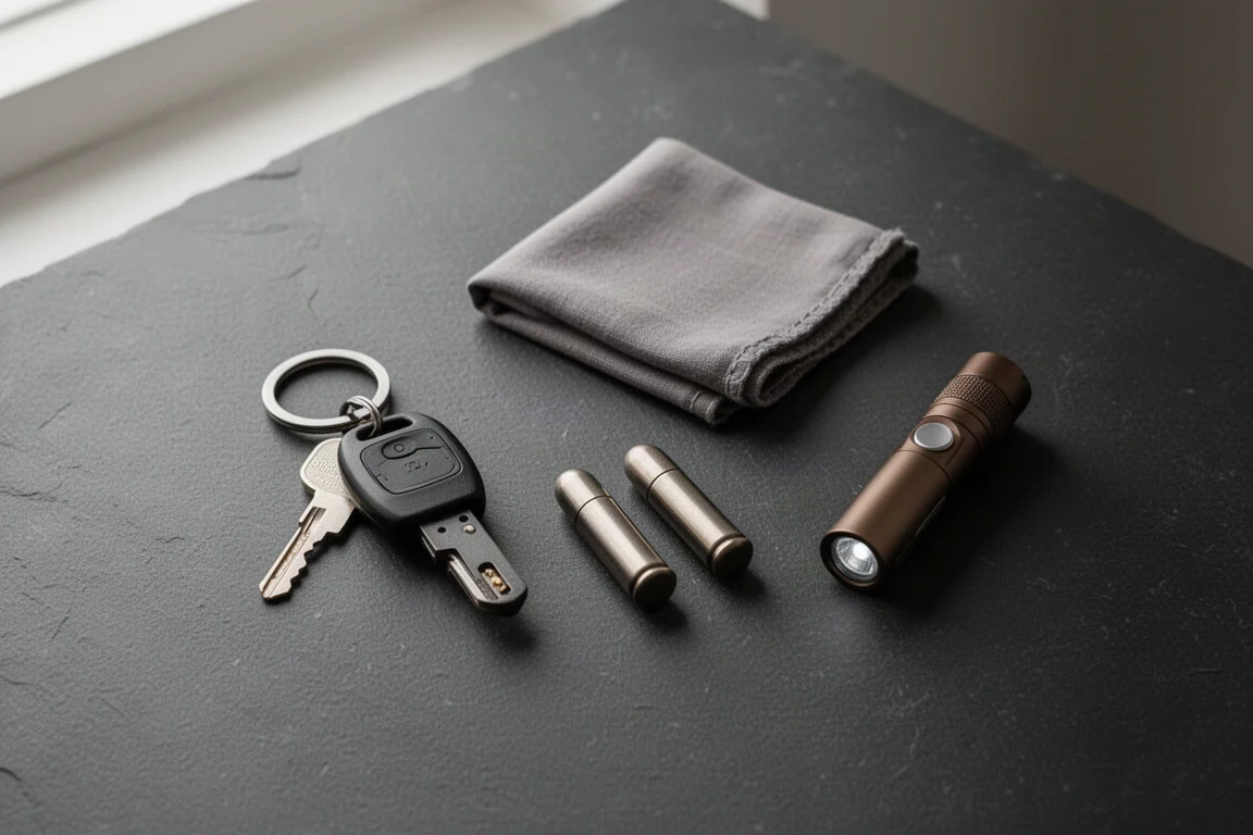 深色桌面上整齊排列的小型 EDC 小物俯拍圖