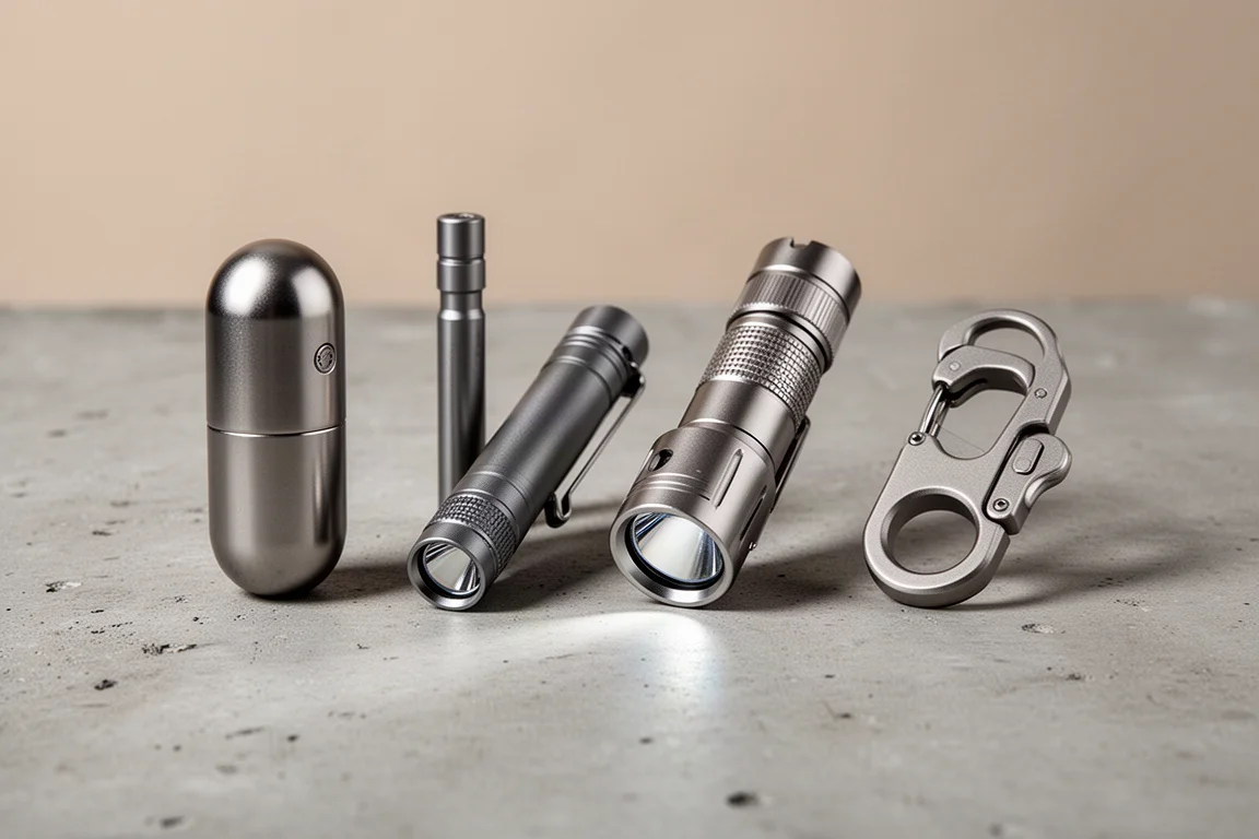 Vier kleine EDC-Gadgets in einer Reihe auf einer Betonfläche