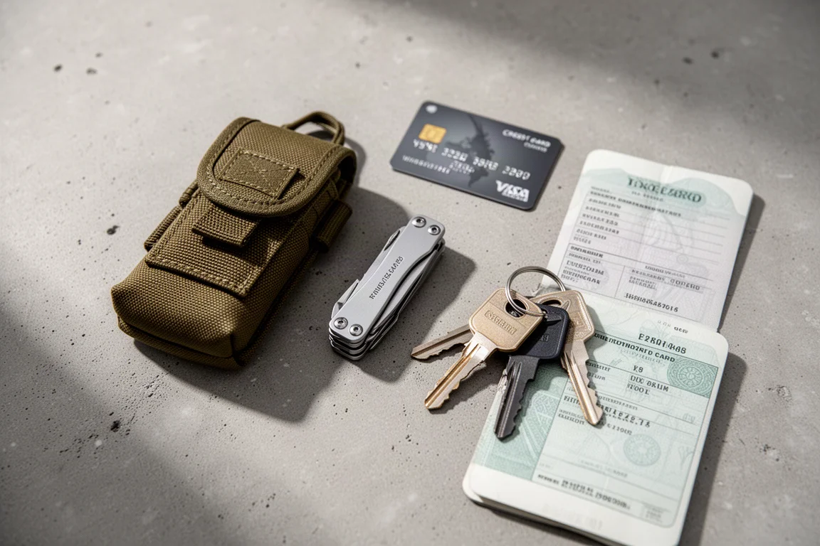 Funda pequeña y mini herramienta dispuestas con artículos de viaje sobre una mesa