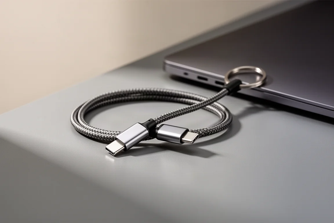 Cable USB-C trenzado corto enrollado sobre un escritorio junto a un portátil