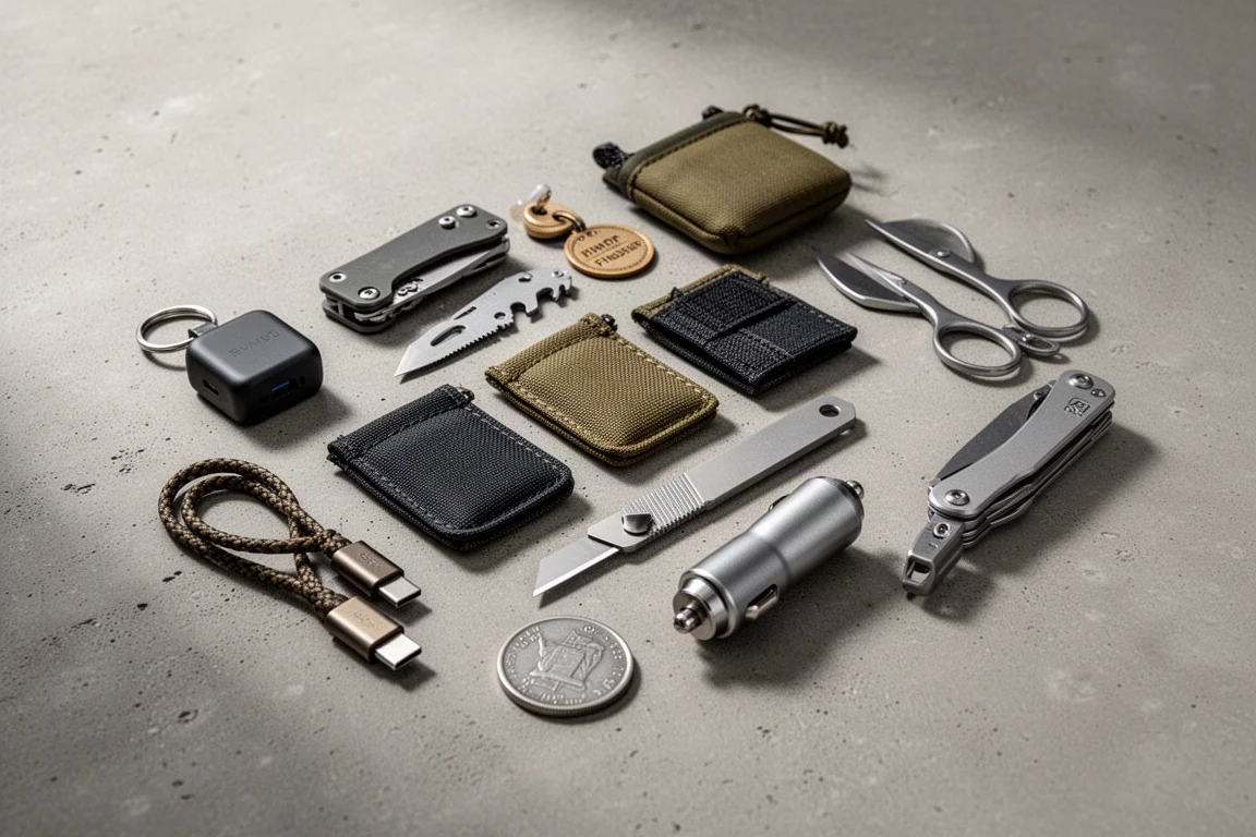 Flat-Lay von elf kompakten Everyday-Carry-Items inklusive Werkzeugen, Pouches und Ladezubehör