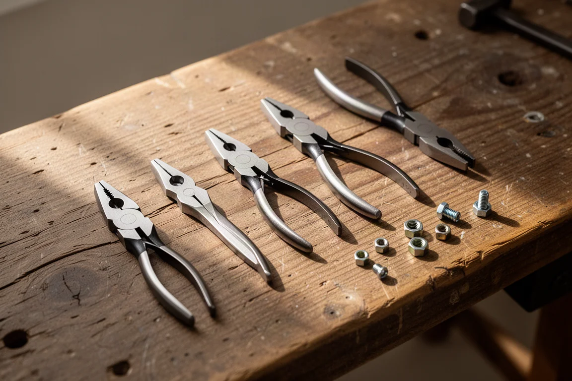 A row of small pliers laid out on a wooden workbench next to a small hardware nut
