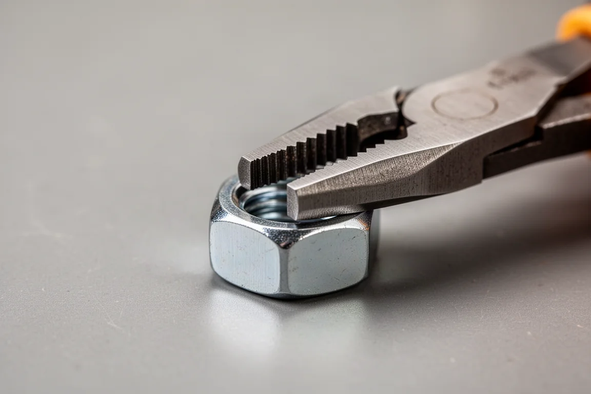 Close-up of a mini plier jaw gripping a hex nut on a workshop surface