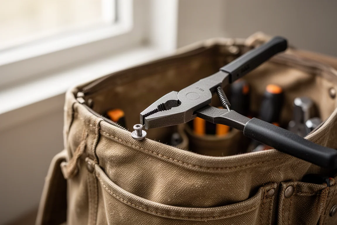 Small pliers gripping a fastener while a hand hovers nearby, tool bag visible in background