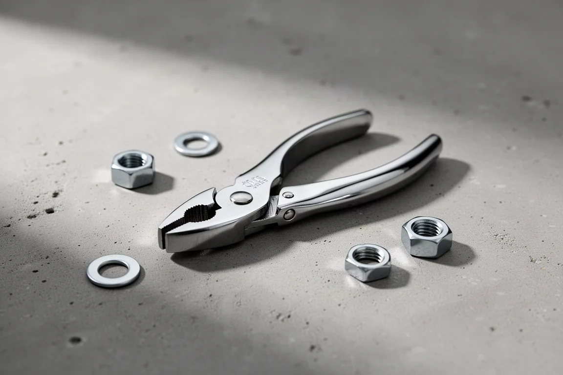 Small chrome plier resting on a concrete surface beside assorted hardware
