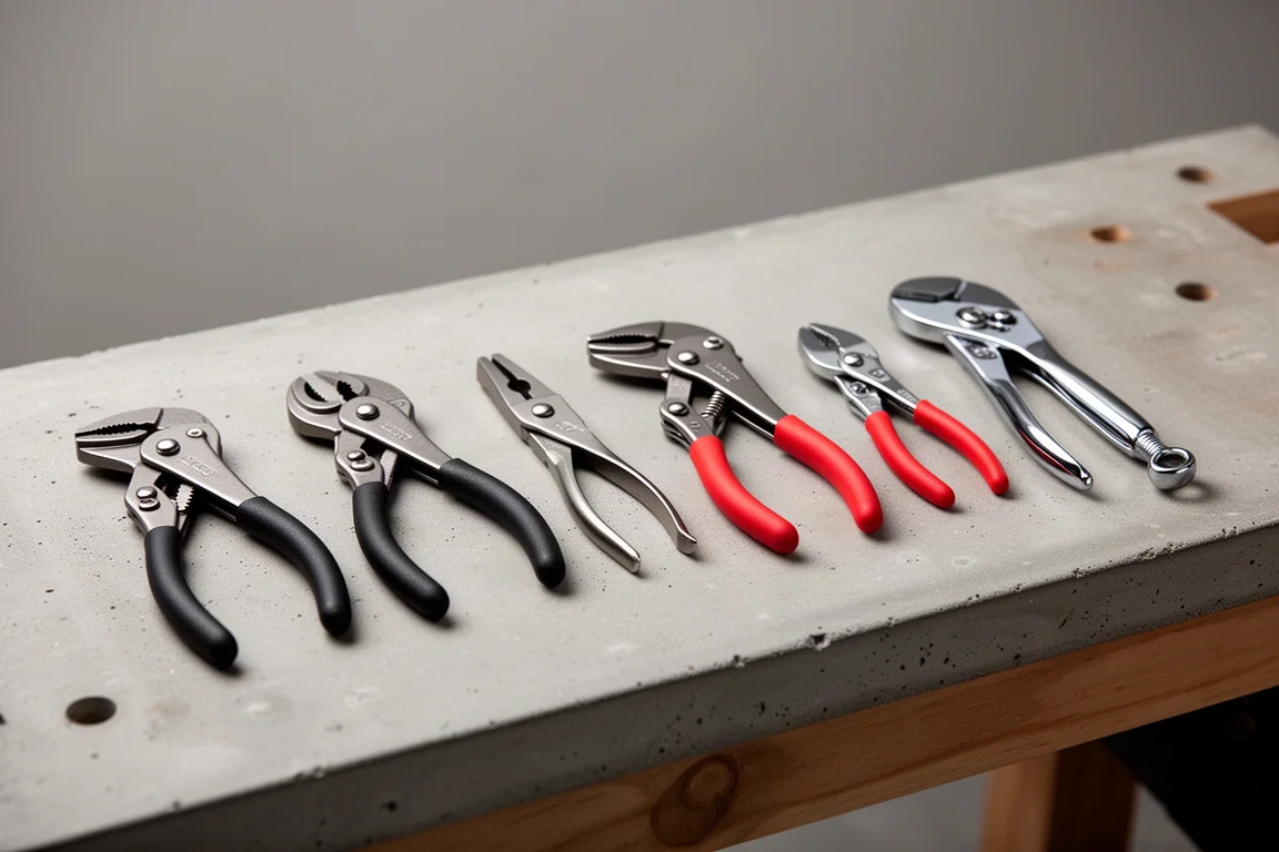 Nine small pliers arranged in a row on a concrete workbench