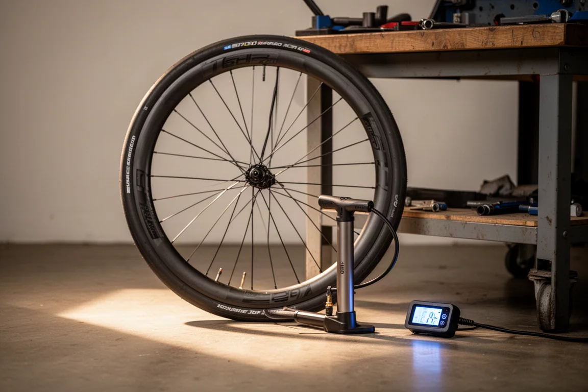 Tubeless road bike wheel with a compact electric pump connected to the valve