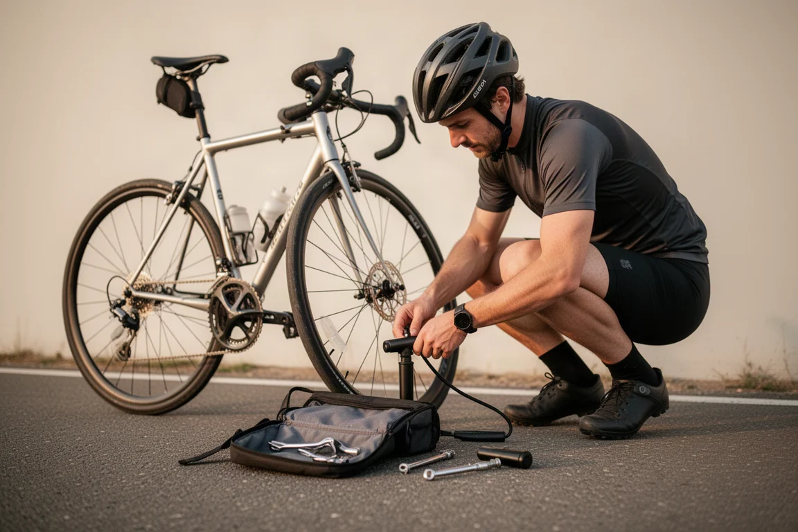 Cyclist crouched at the roadside inflating a rear tire with a compact electric pump
