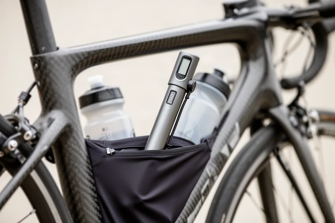 Slim electric mini pump held beside a road bike jersey pocket