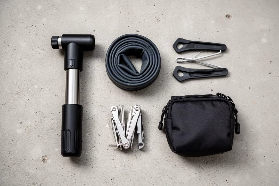 Flat-lay of cycling repair essentials including a mini pump and inner tube