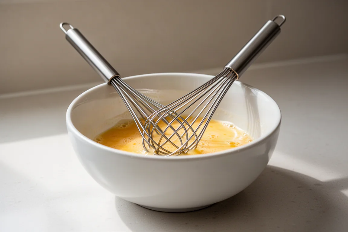 Mini stainless steel whisk beating eggs in a small white bowl