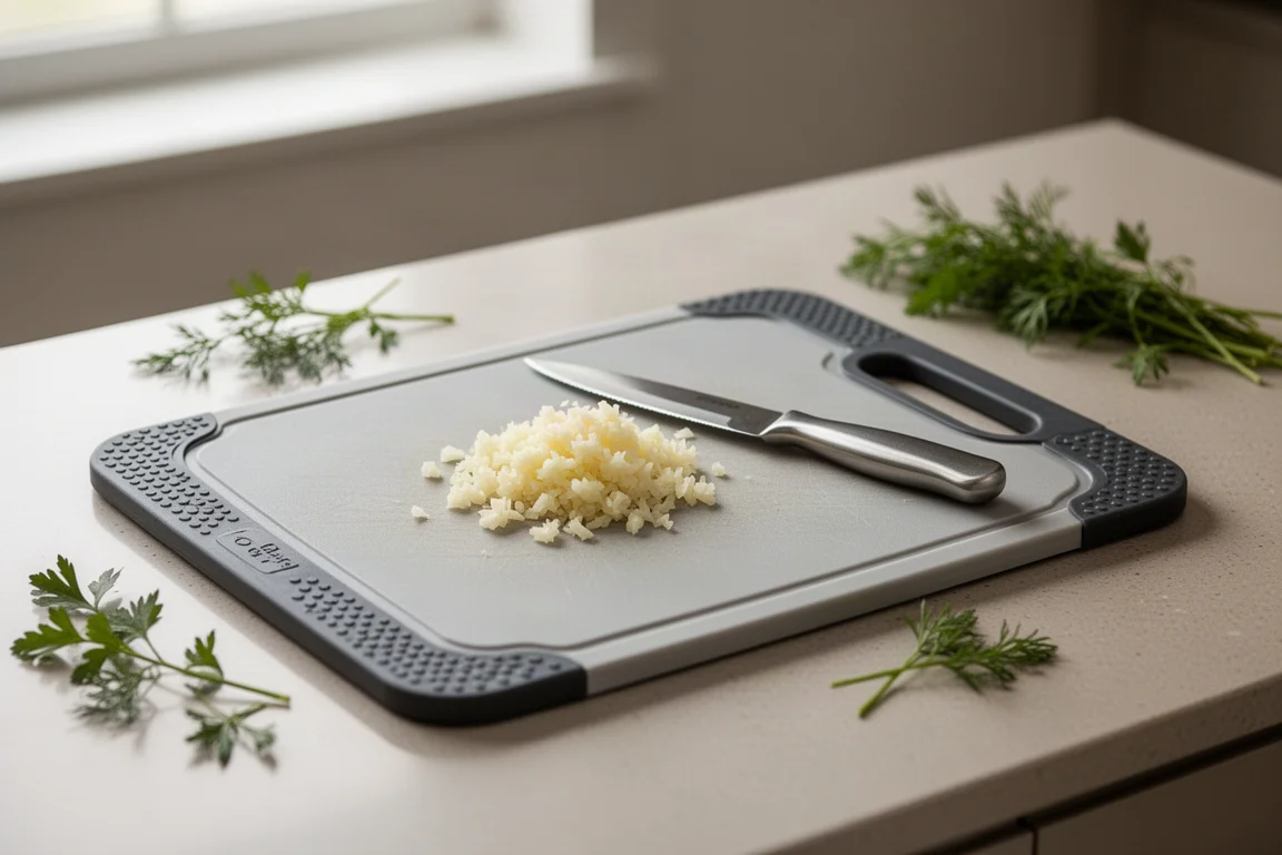 Compact prep board with minced garlic and a small knife on a countertop
