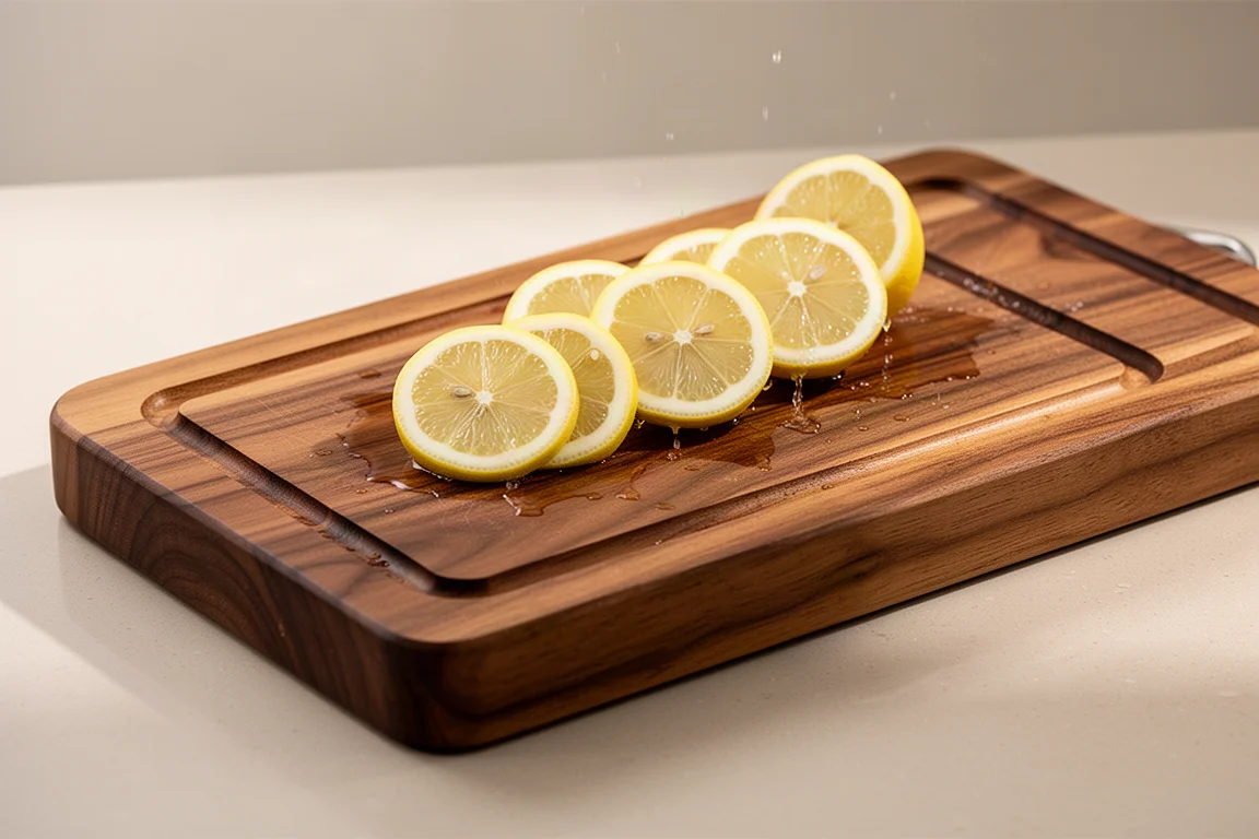 Reversible teak cutting board with juice canal holding sliced lemons