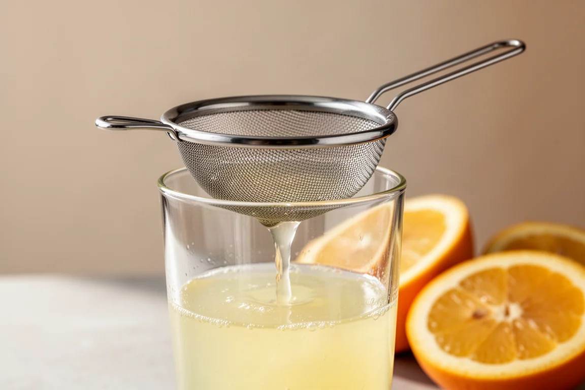 Fine mesh strainer resting on a glass with clear lemon juice passing through