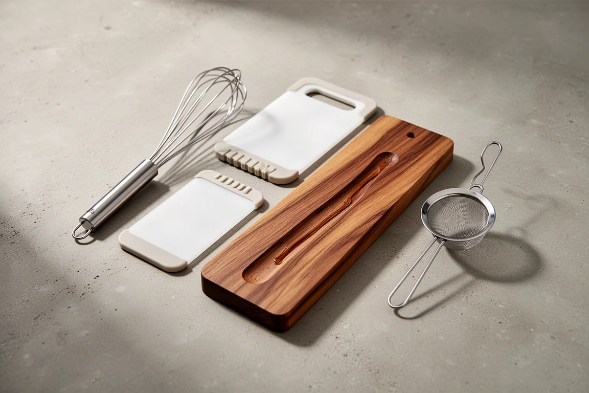Four mini kitchen tools including a whisk, two small cutting boards, and a fine mesh strainer on concrete
