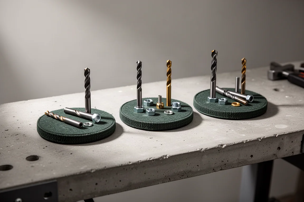 Tre tovagliette magnetiche in tessuto con punte e elementi di fissaggio allineati
