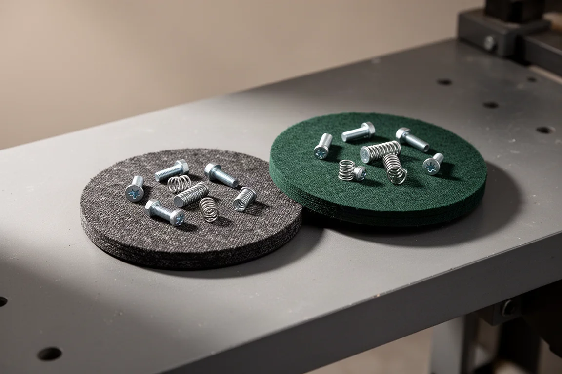 Deux petits tapis magnétiques en tissu retenant des vis et des ressorts sur un établi d'atelier
