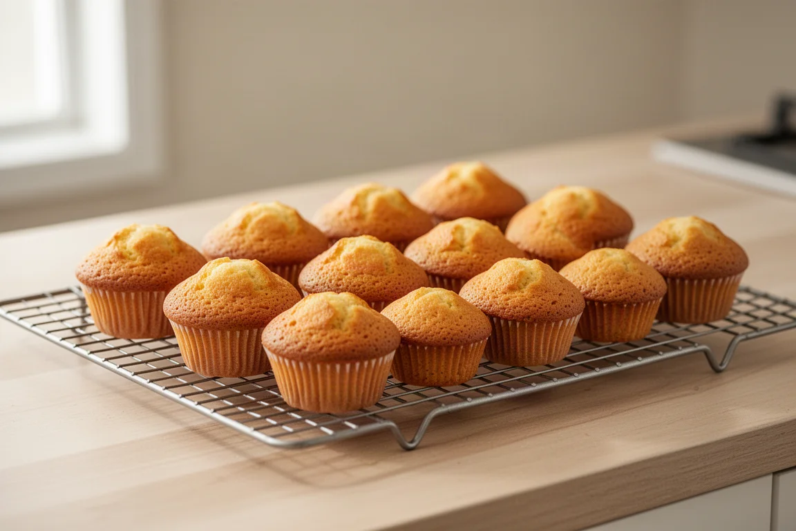 Frisch gebackene Mini-Muffins kühlen auf einem Drahtrost in einer hellen Küche