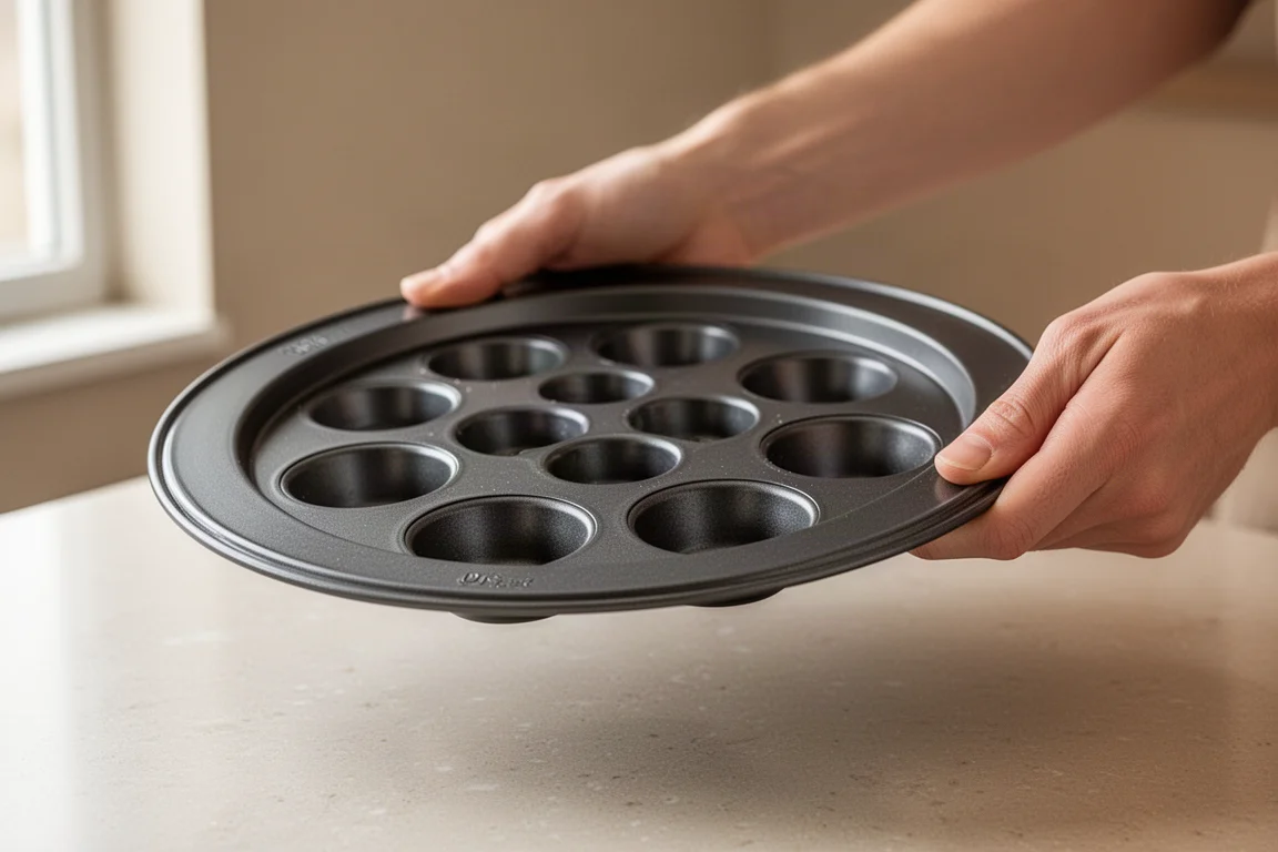 Draufsicht auf Backutensilien und Mini-Muffins auf einer Marmoroberfläche