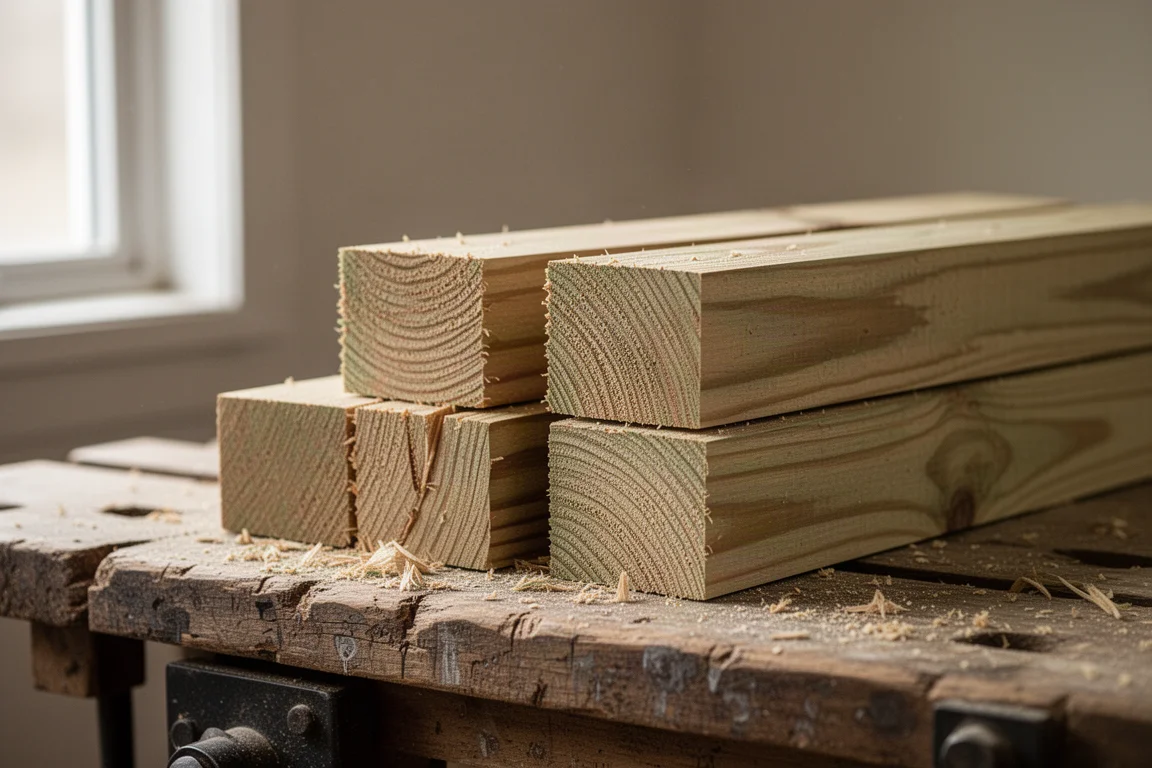 Druckimprägniertes 4x4-Holz wird auf einer Werkbank geschnitten