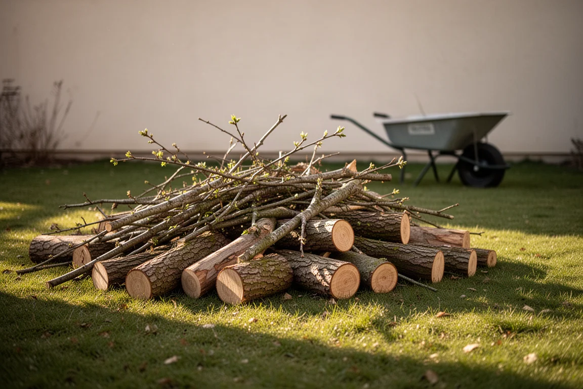 Aufräumarbeiten im Garten mit geschnittenen Ästen auf dem Rasen