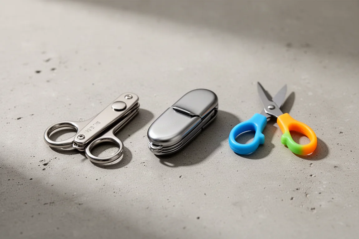 Three compact mini scissors arranged in a row on a concrete surface