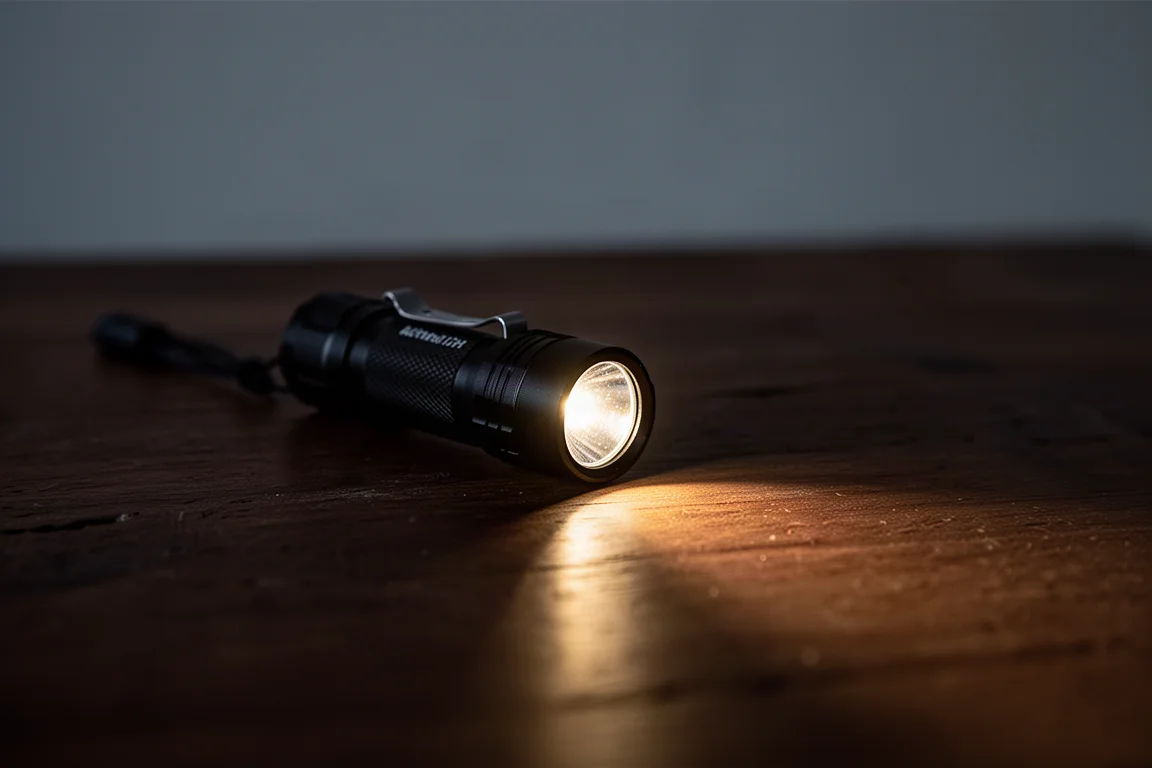 Liten handhållen ficklampa som kastar ett varmt ljus över ett mörkt campingbord