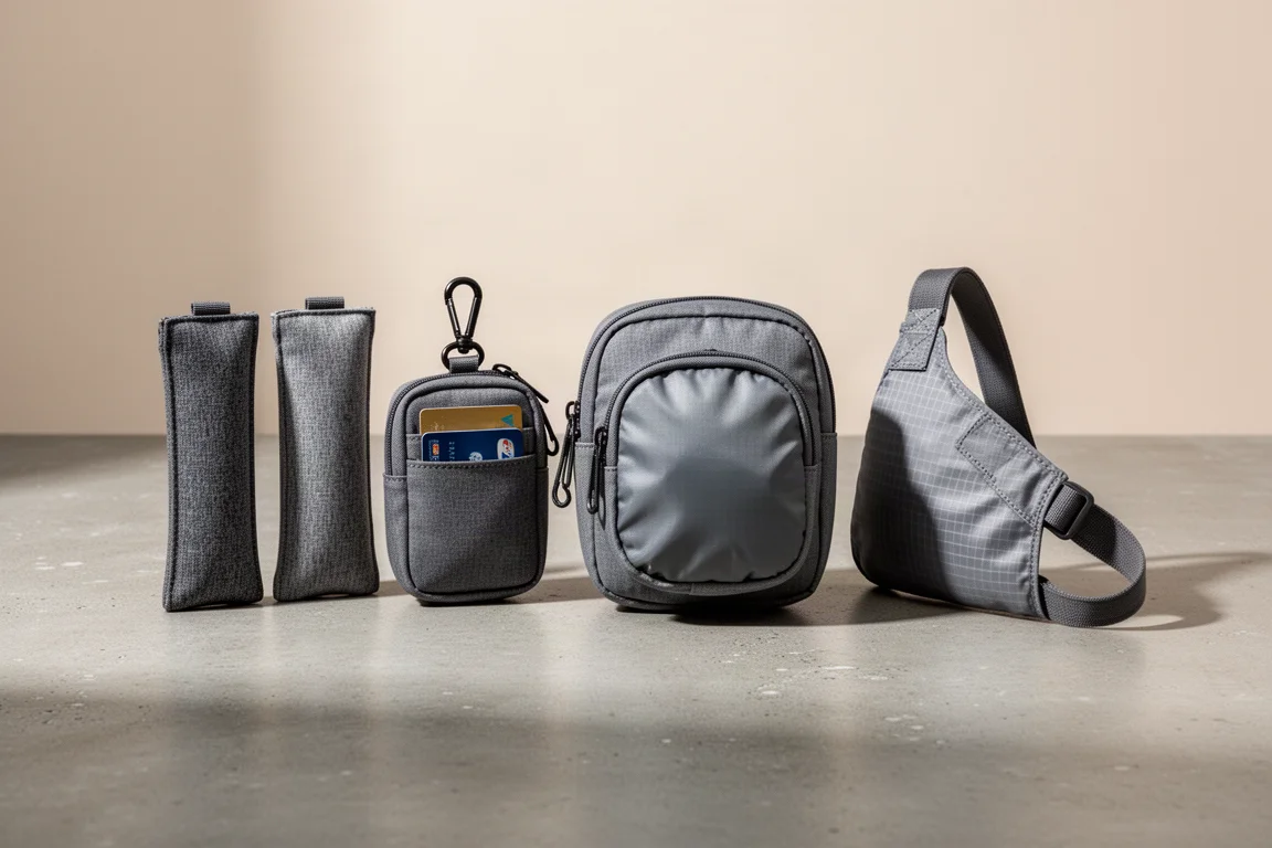 Four mini travel pouches and a grey sling arranged on a concrete surface