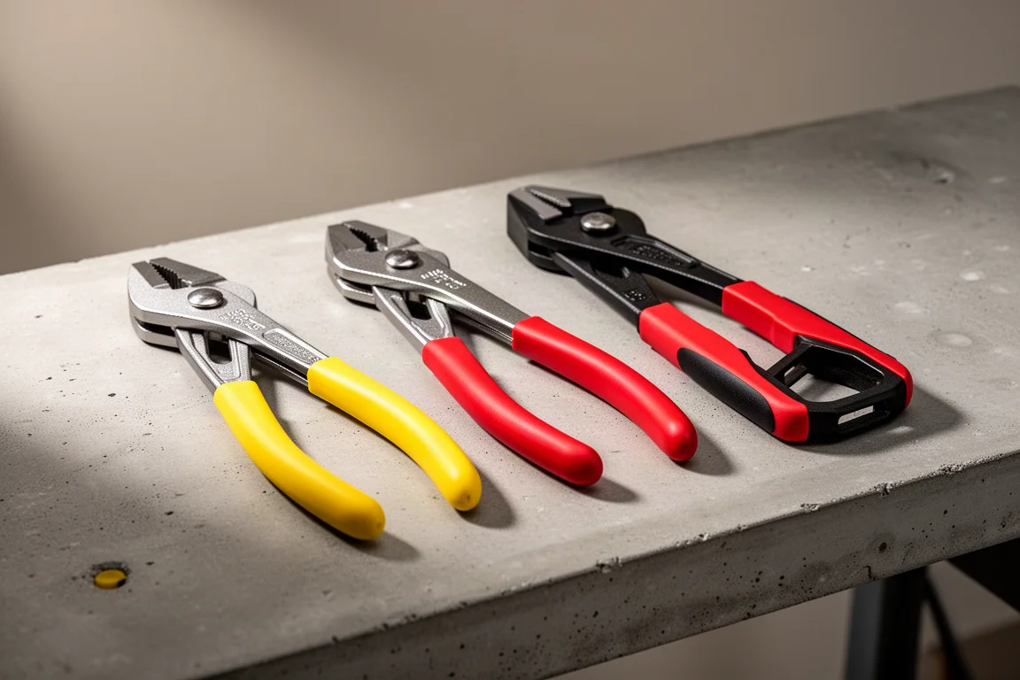 Three compact water pump pliers with yellow, red, and black handles on a concrete workbench